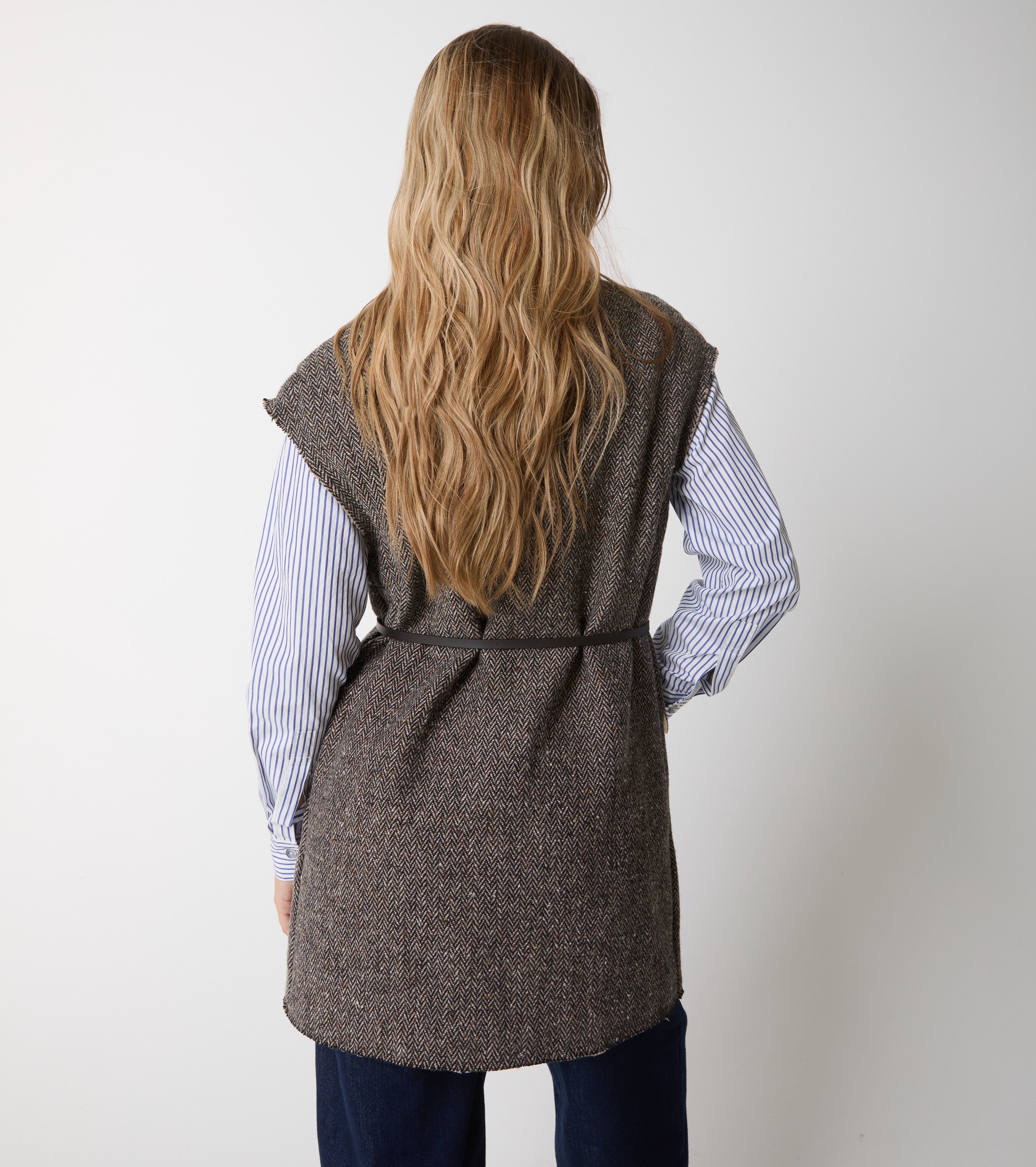 Gilet lungo in lana e seta con cintura