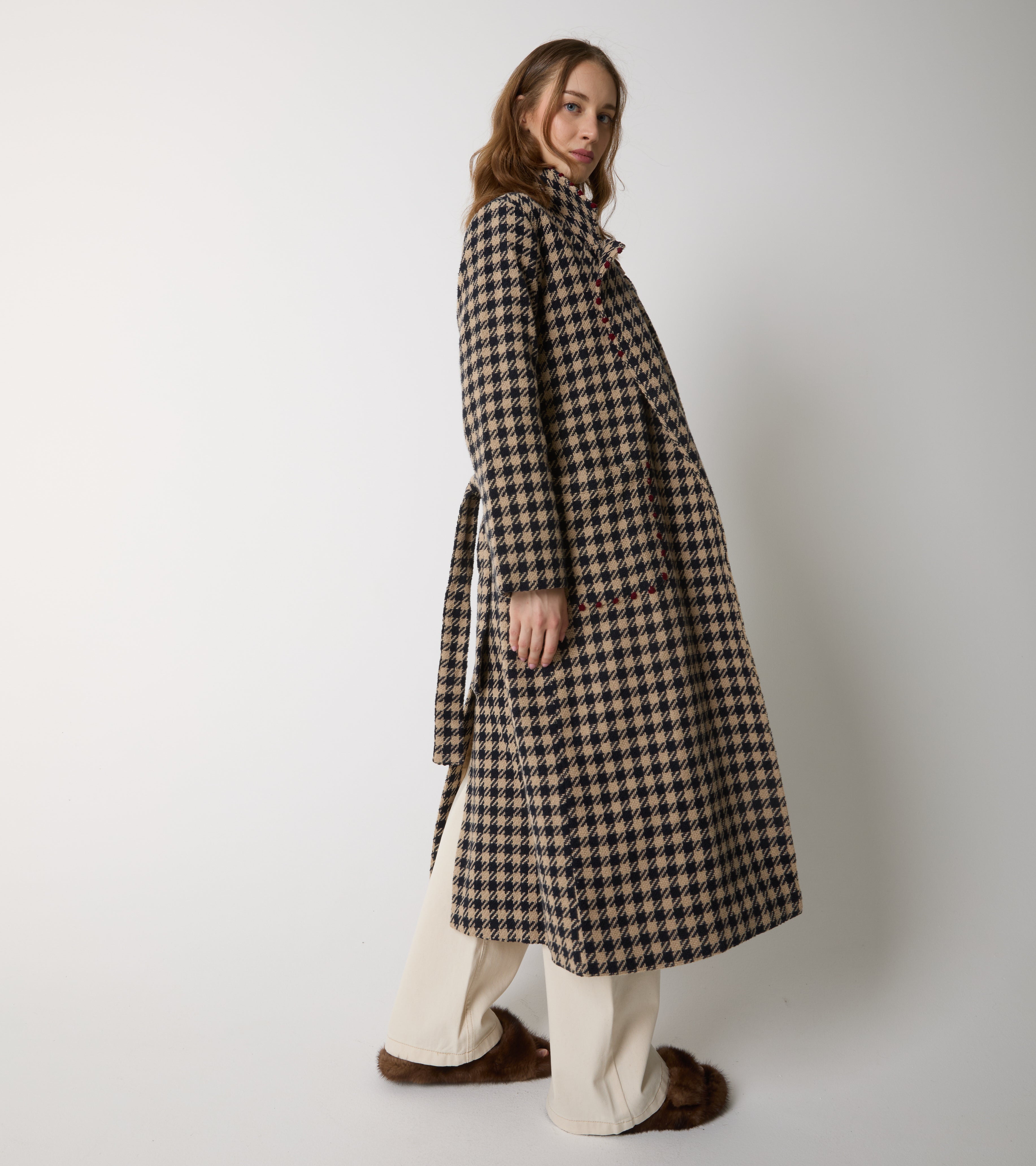 Long houndstooth wool and cotton coat