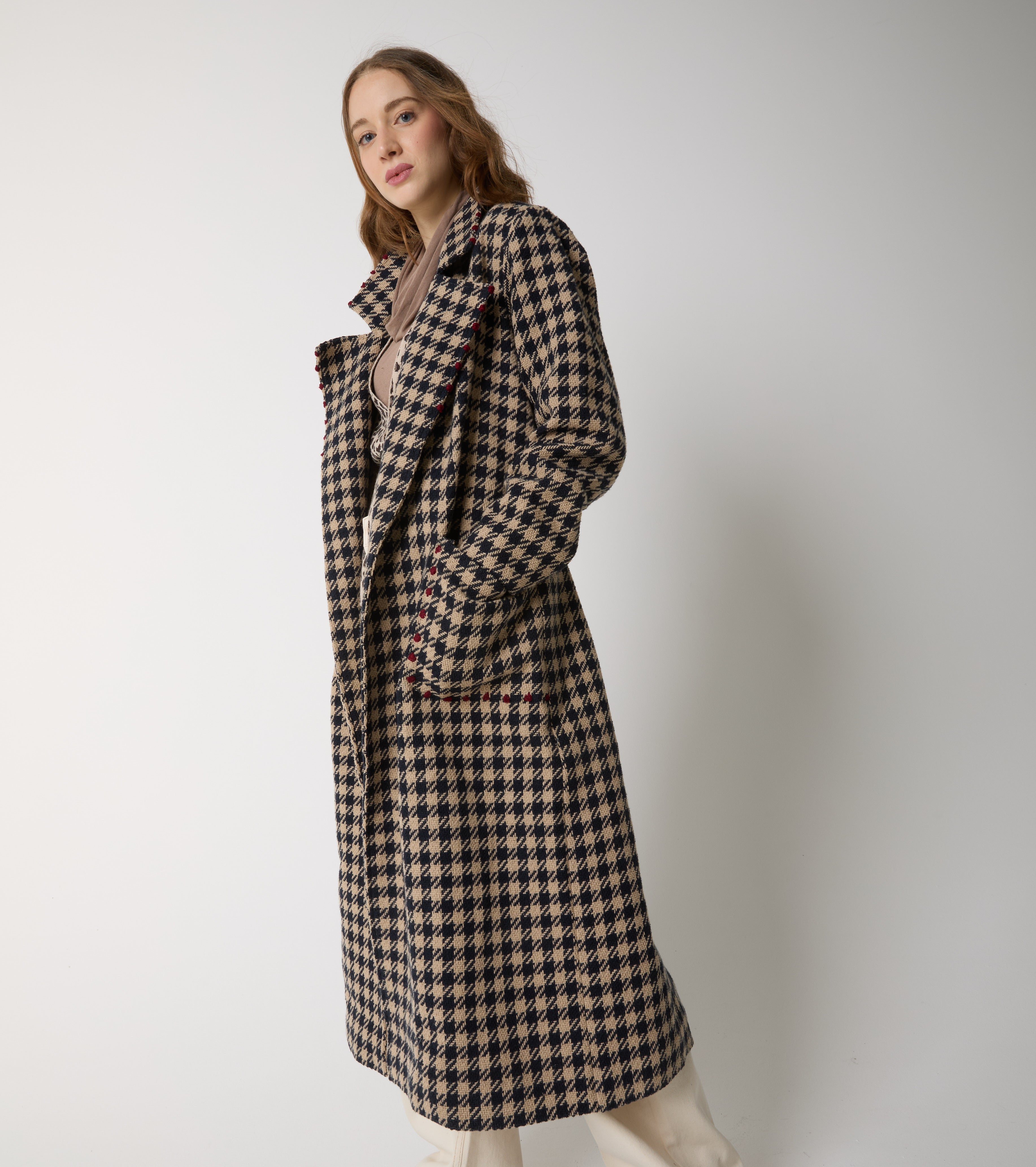 Long houndstooth wool and cotton coat