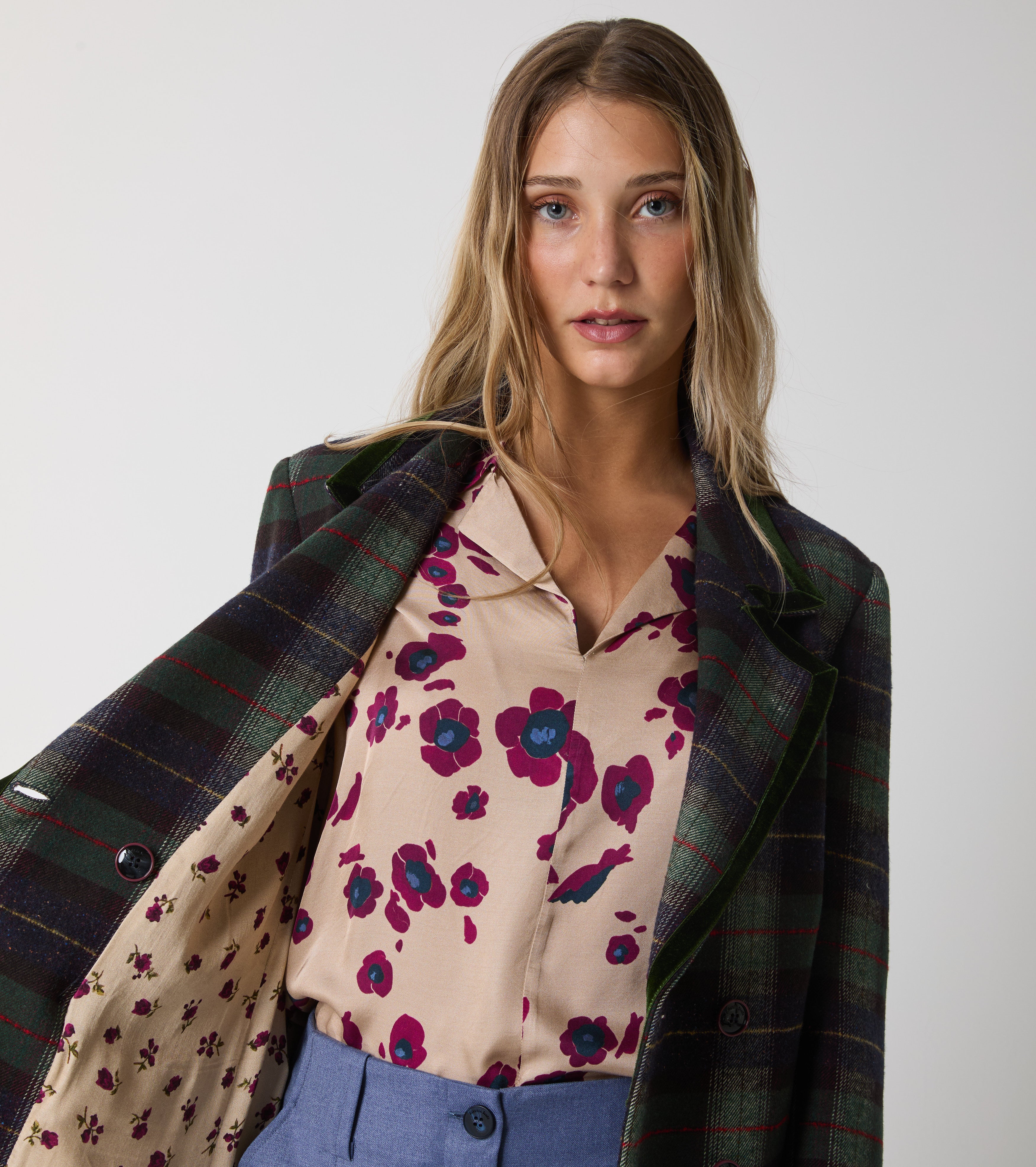 Double-breasted coat in wool and cotton check
