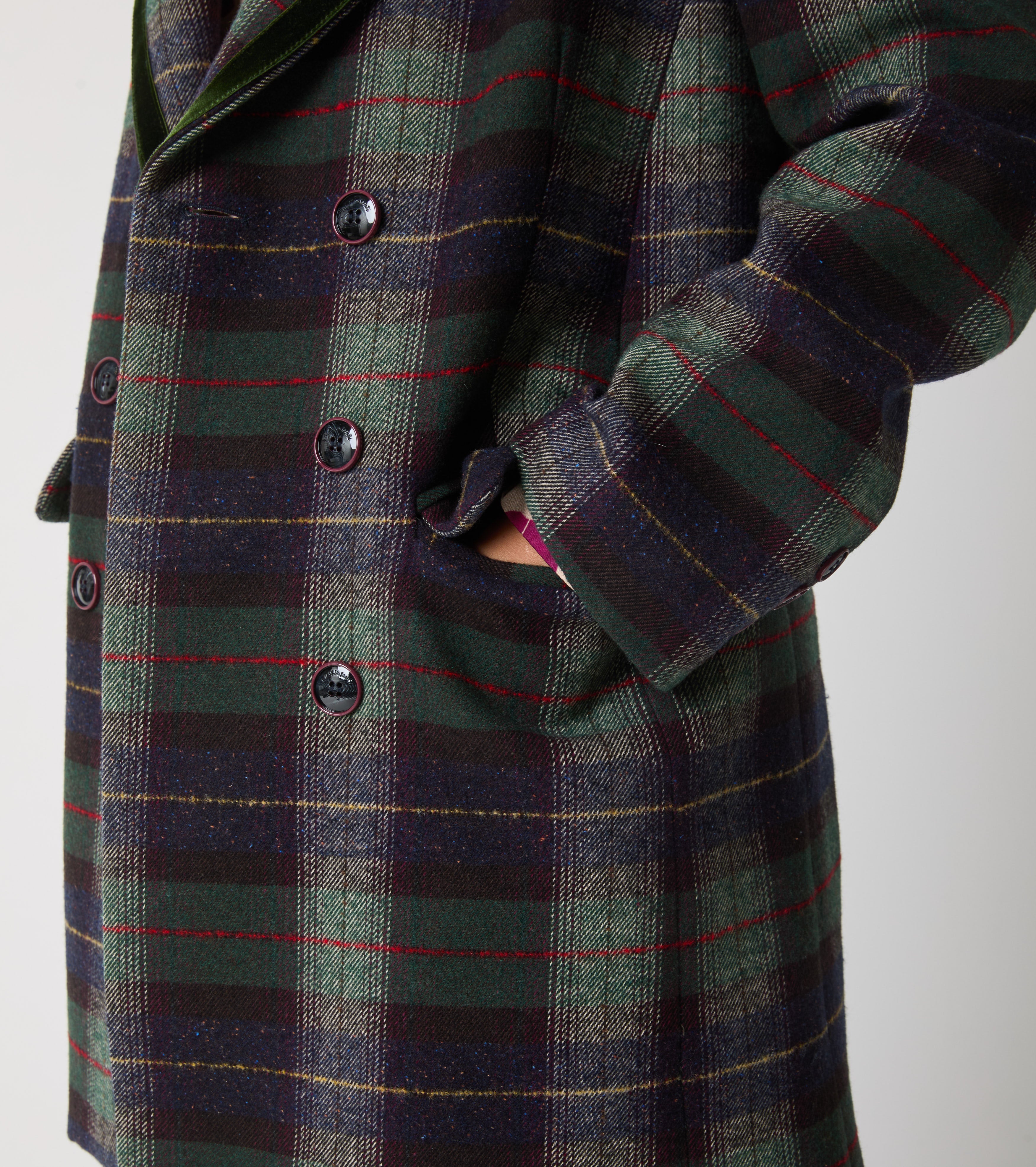Double-breasted coat in wool and cotton check