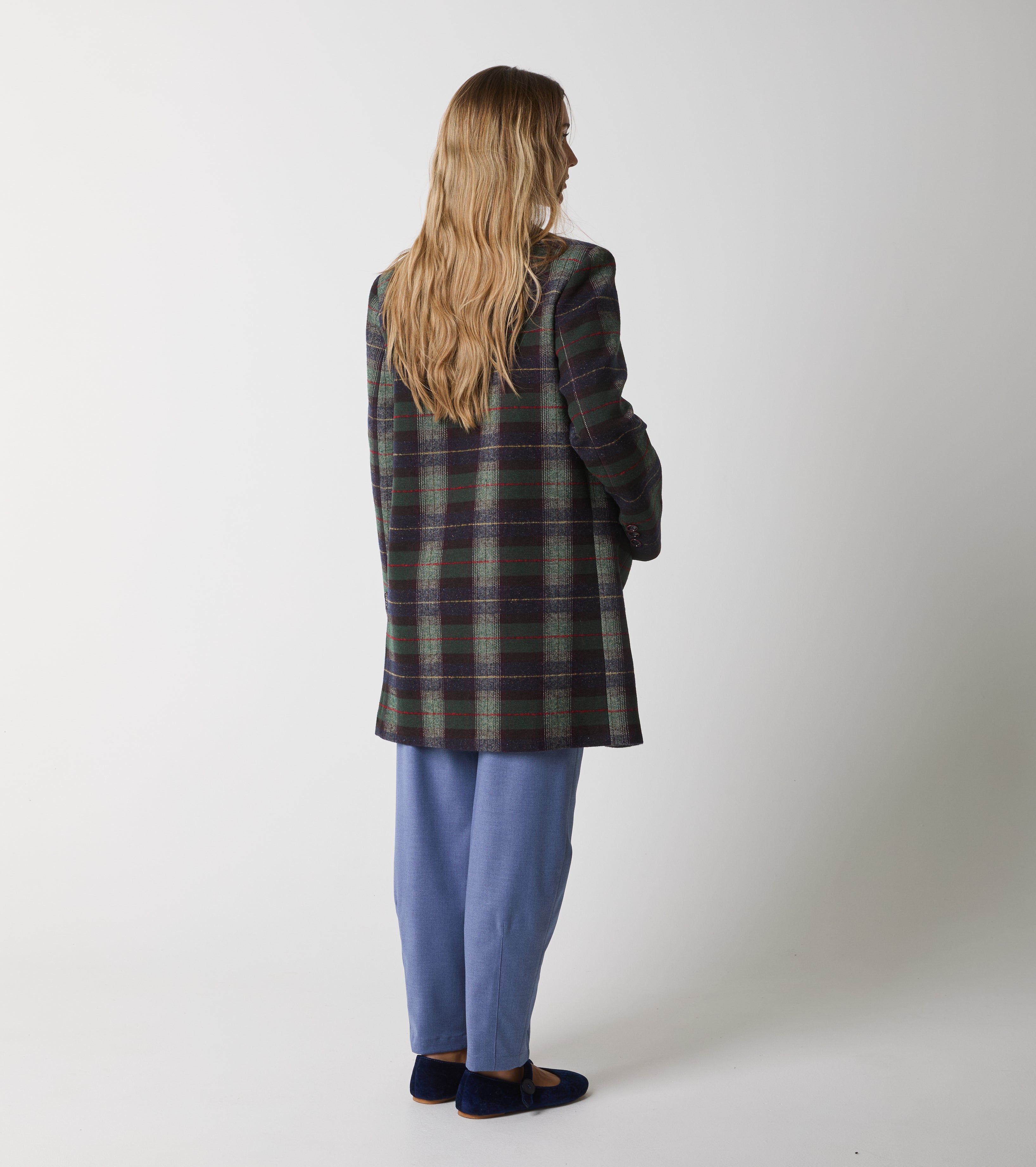 Double-breasted coat in wool and cotton check