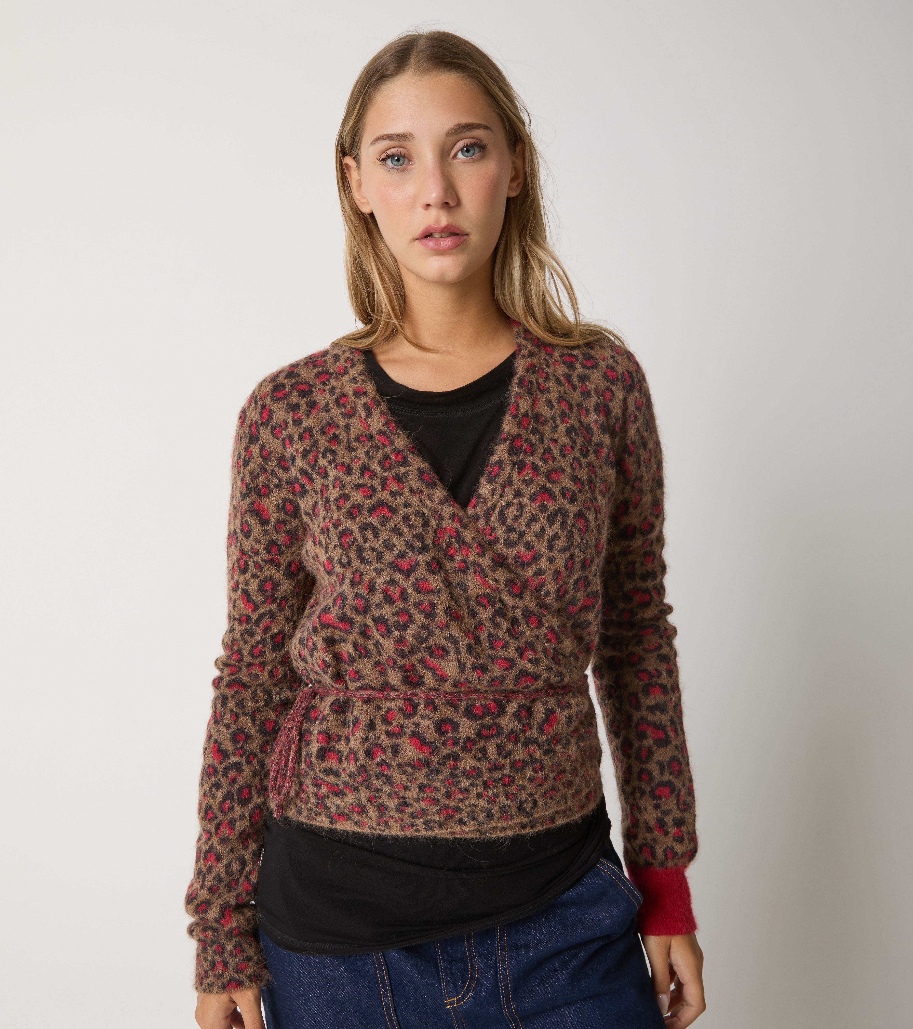 Animal print alpaca yarn cardigan
