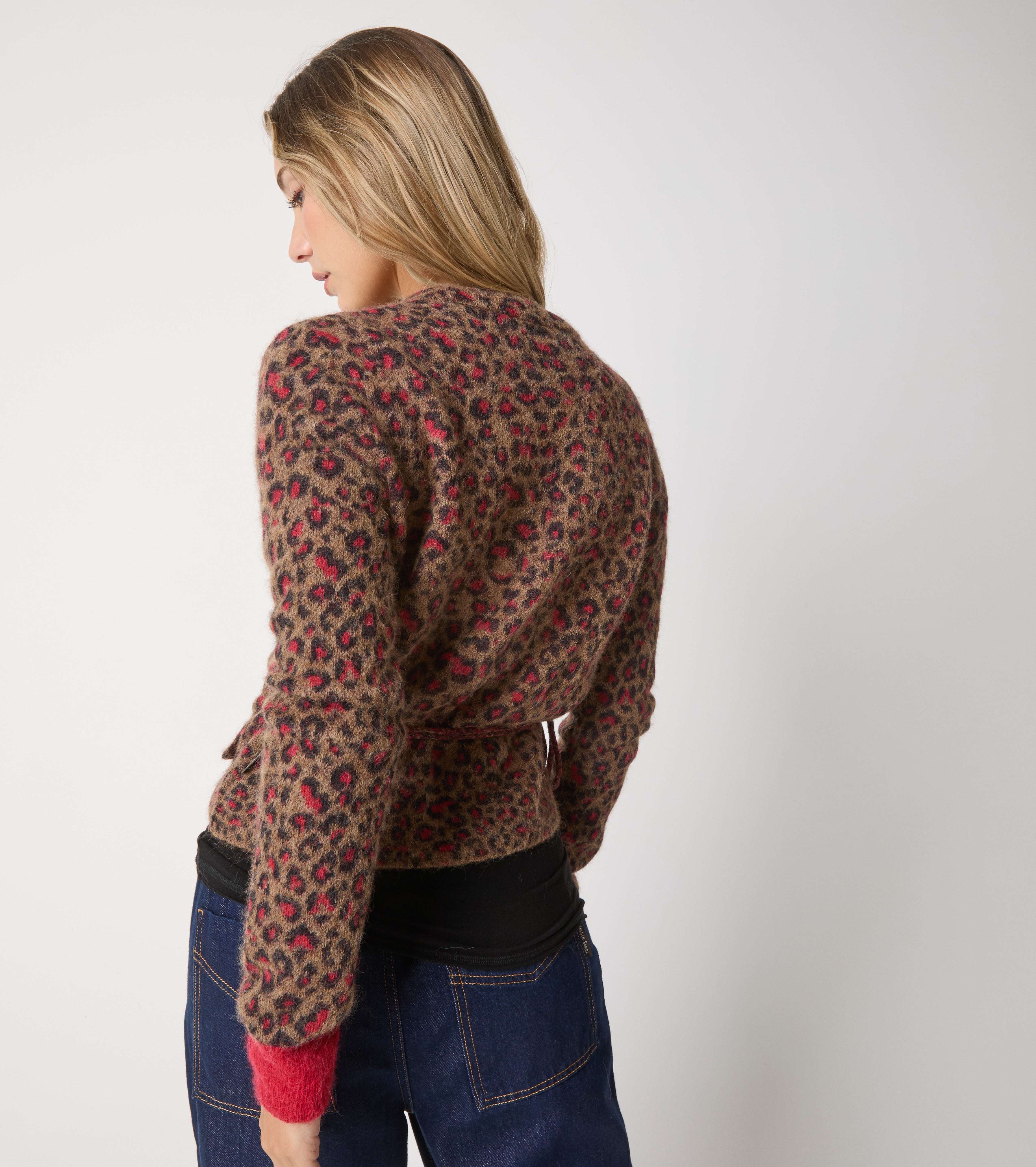 Animal print alpaca yarn cardigan