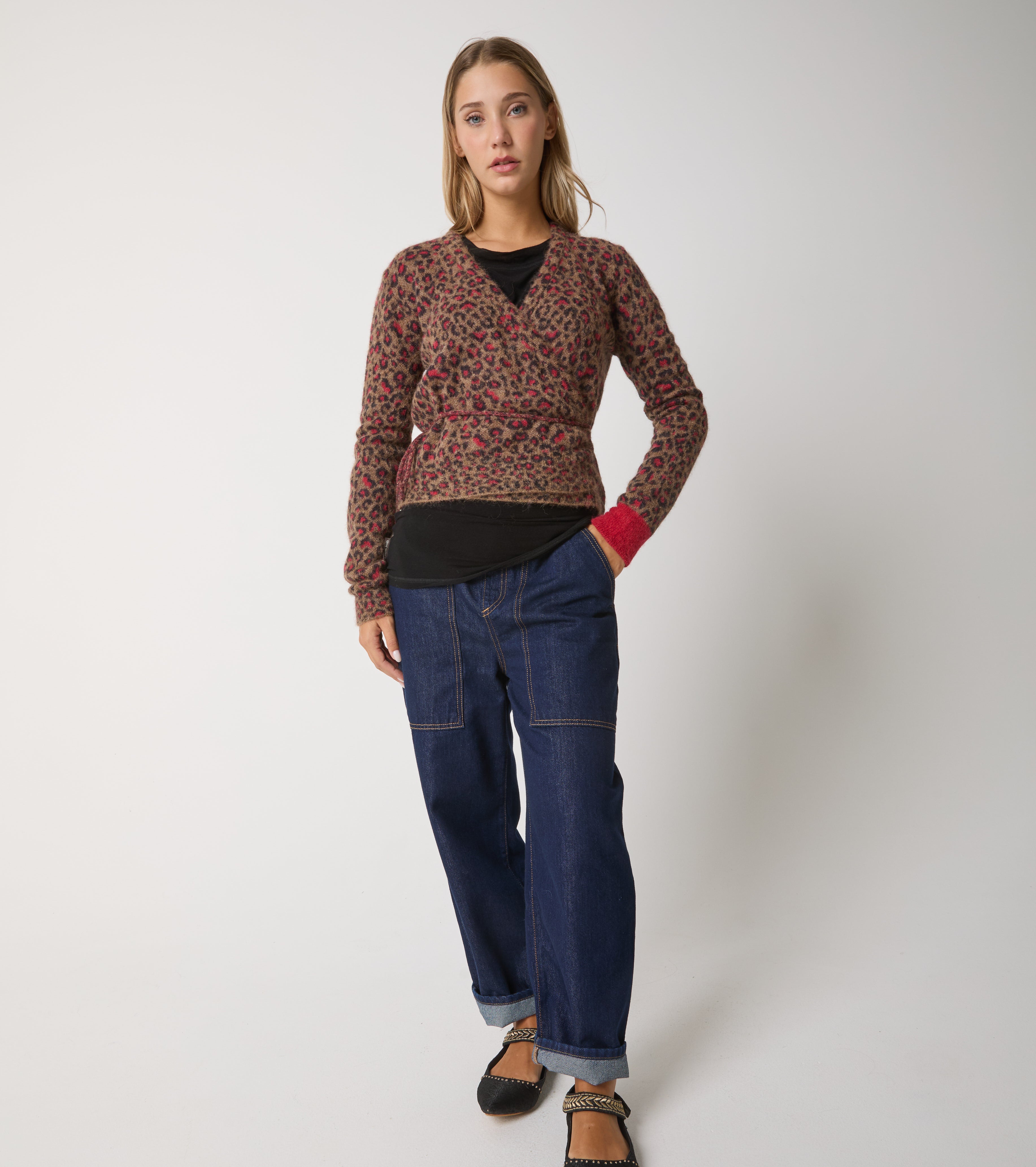 Animal print alpaca yarn cardigan