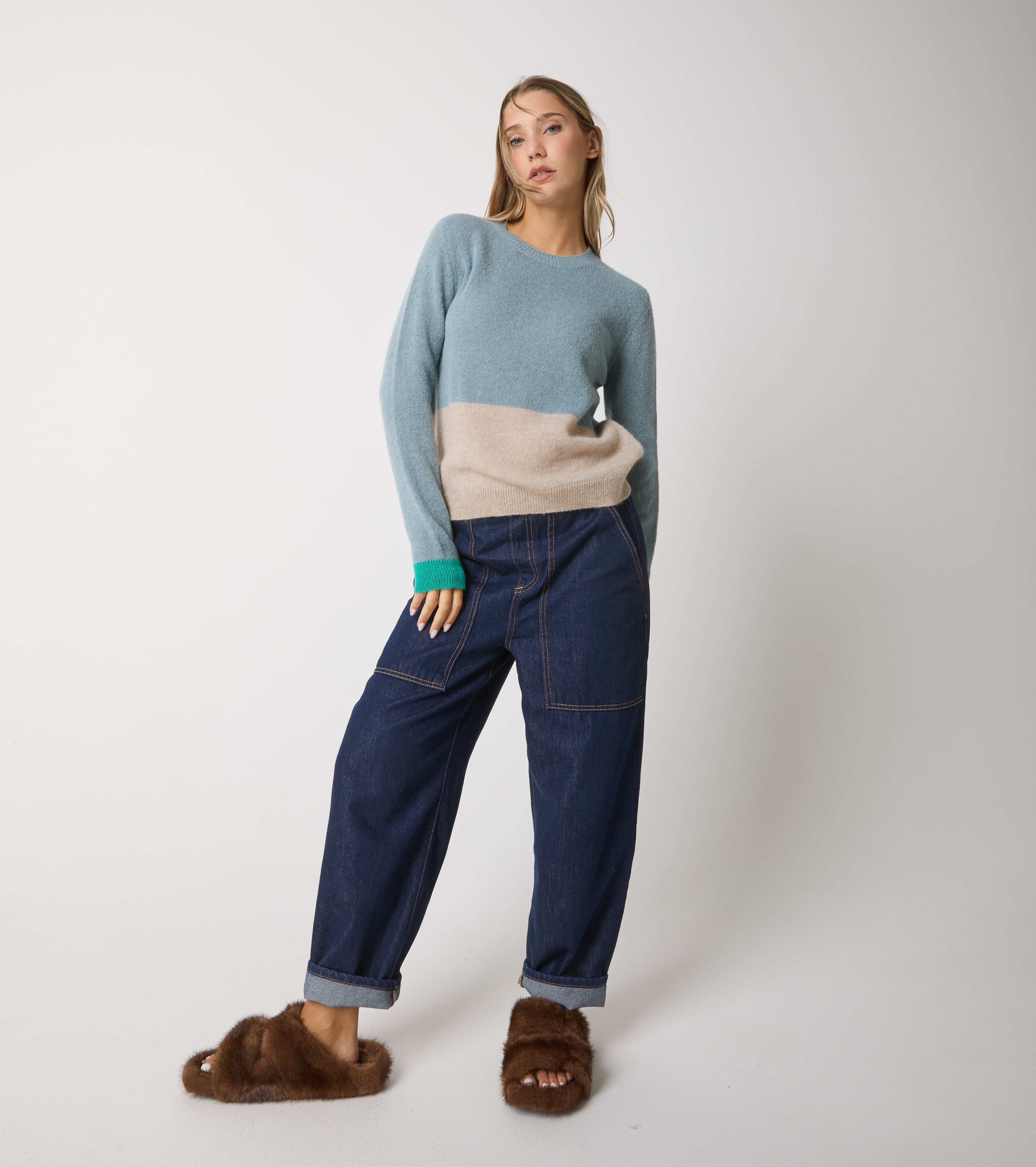 Maglia girocollo in alpaca e lana color block
