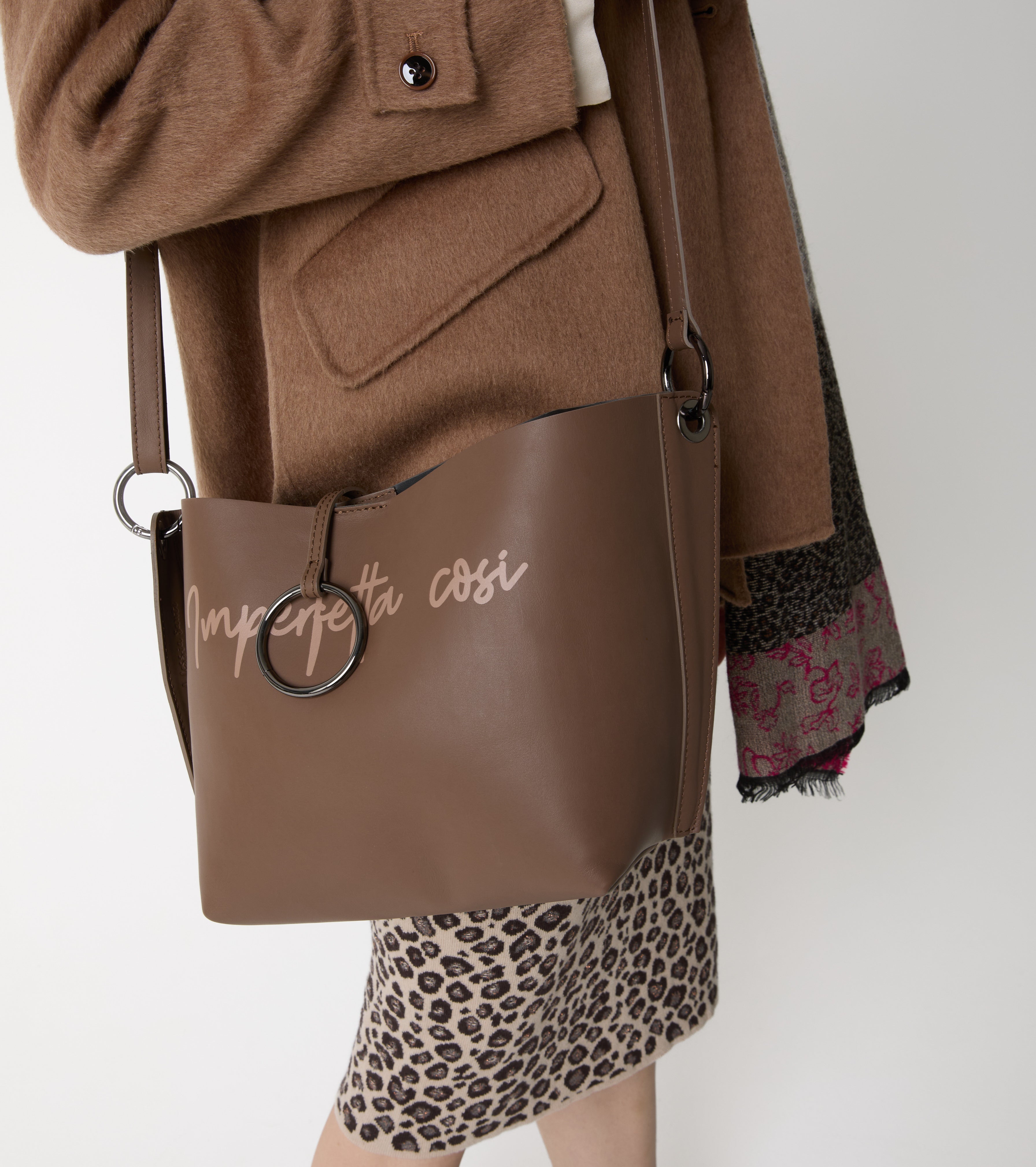 Leather shoulder bag with lettering