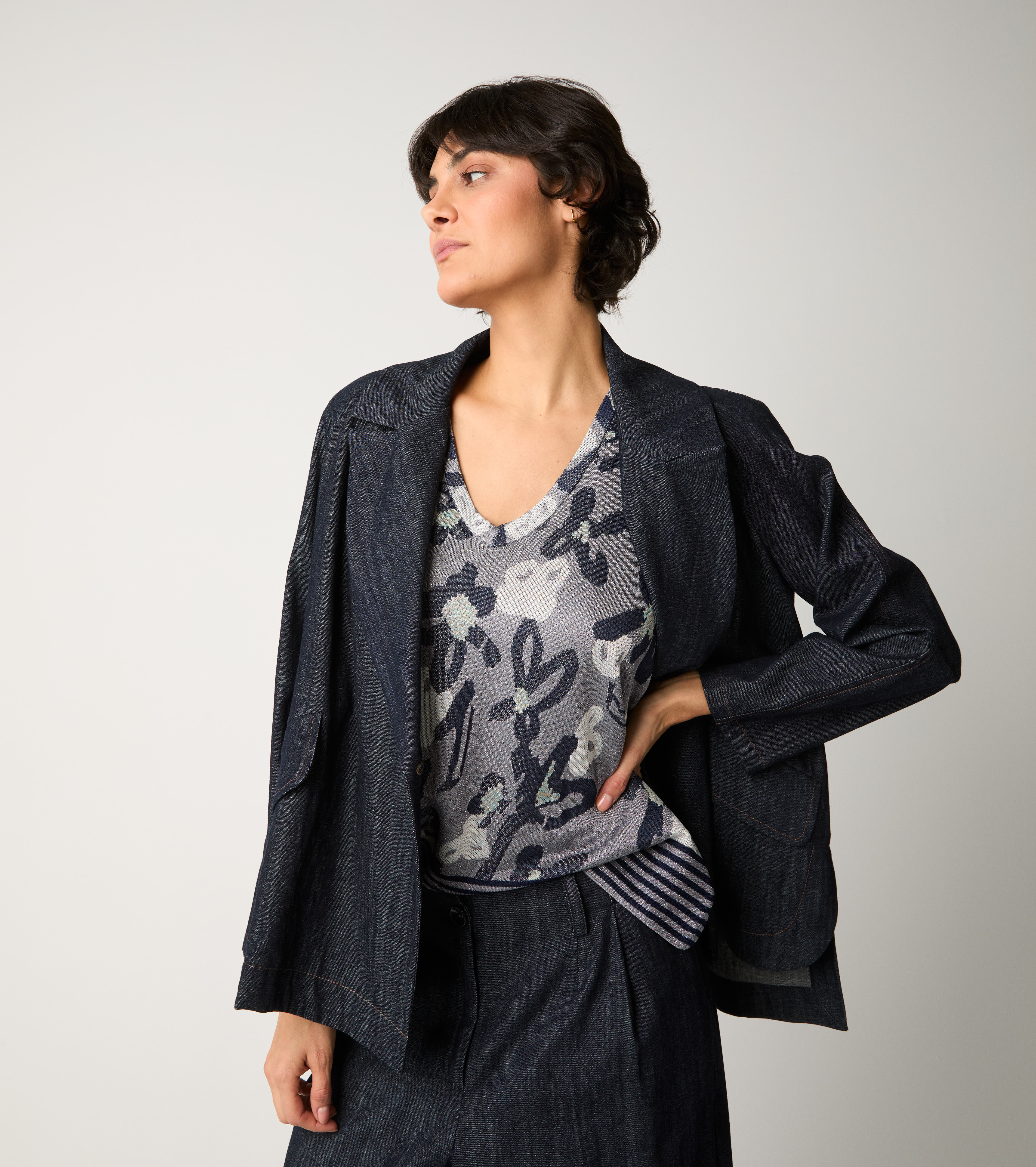 Single denim double-breasted blazer