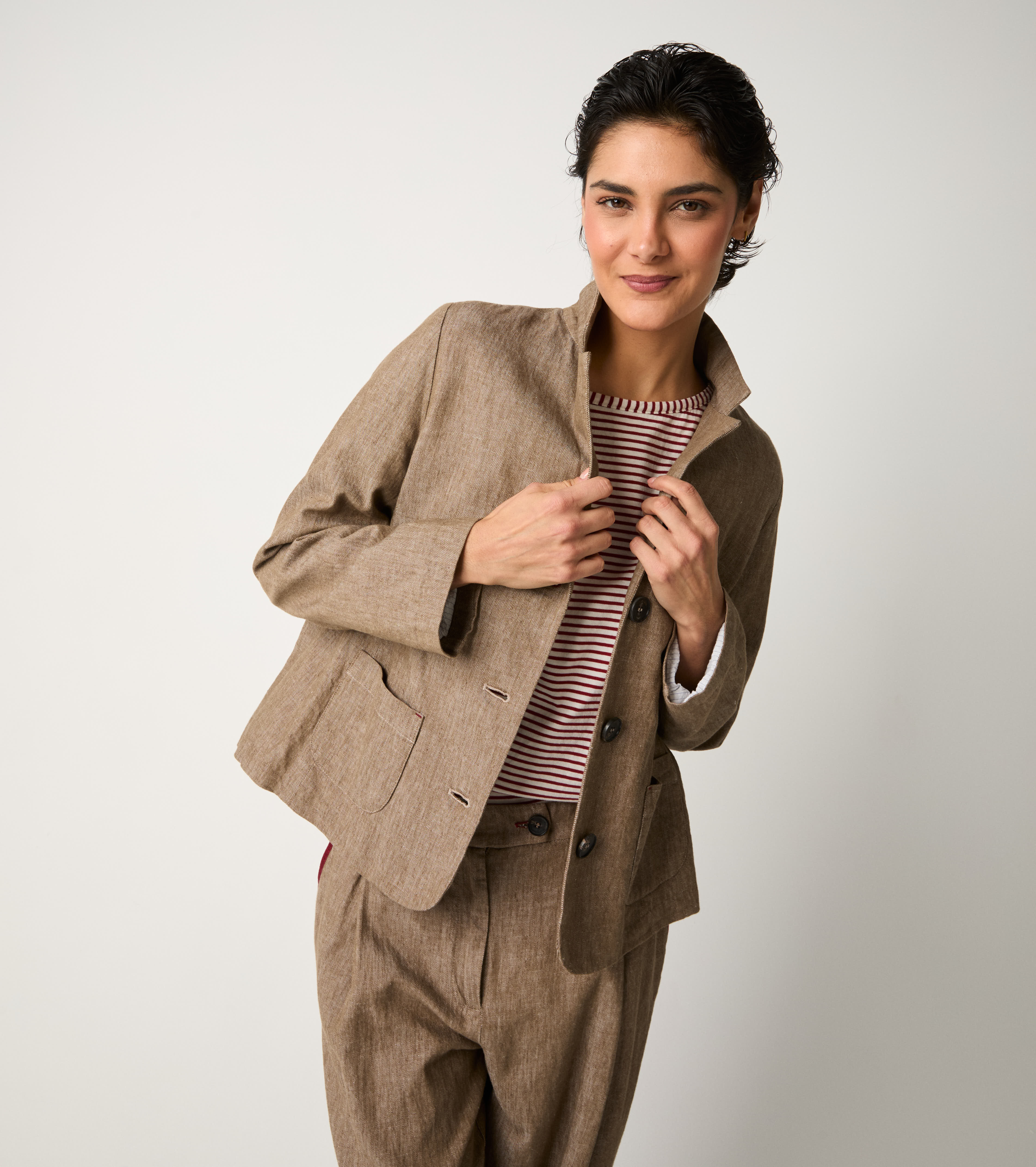 Blazer monopetto in misto lino castoro