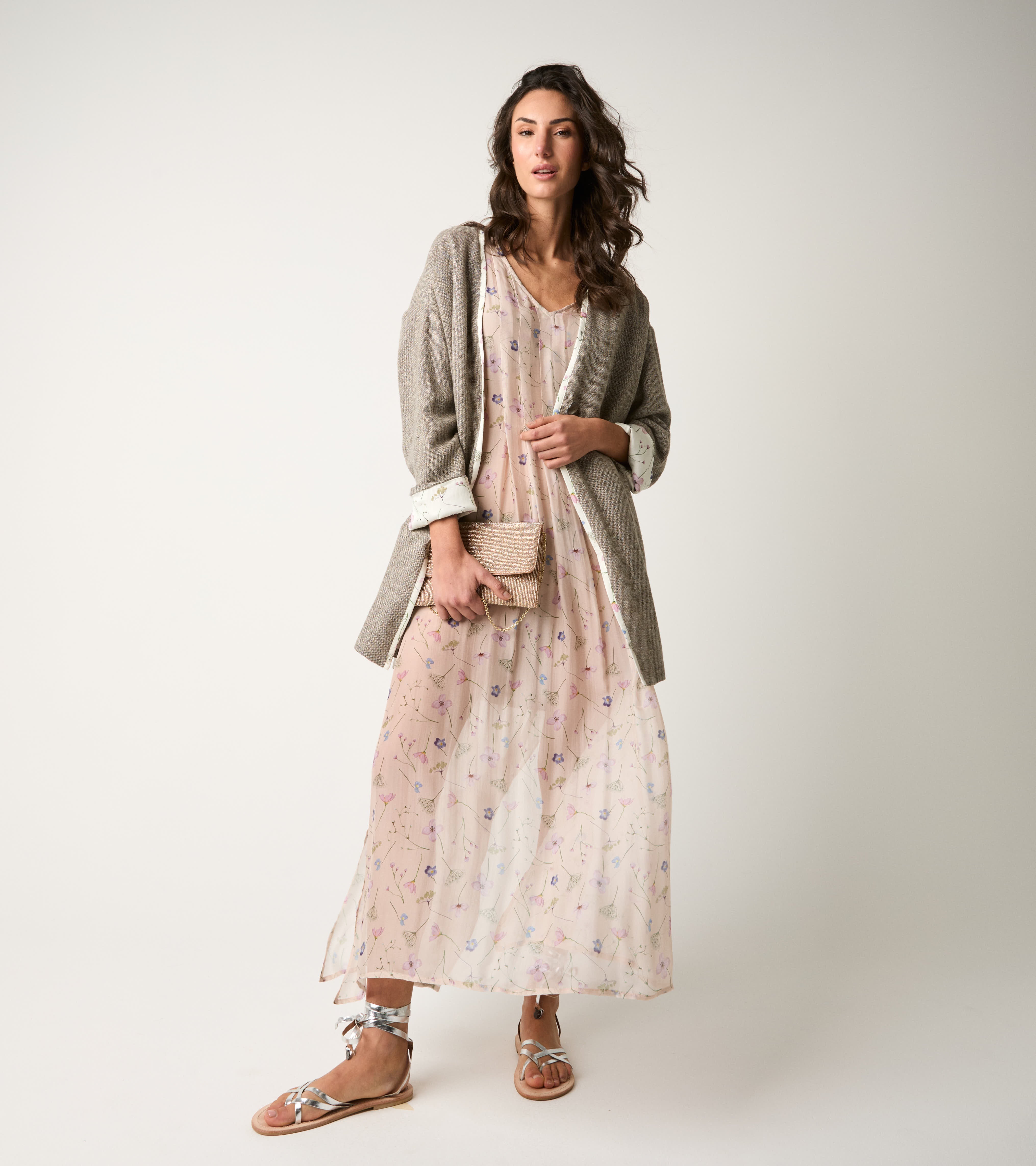 Cappotto in misto lino con scollo a V tortora