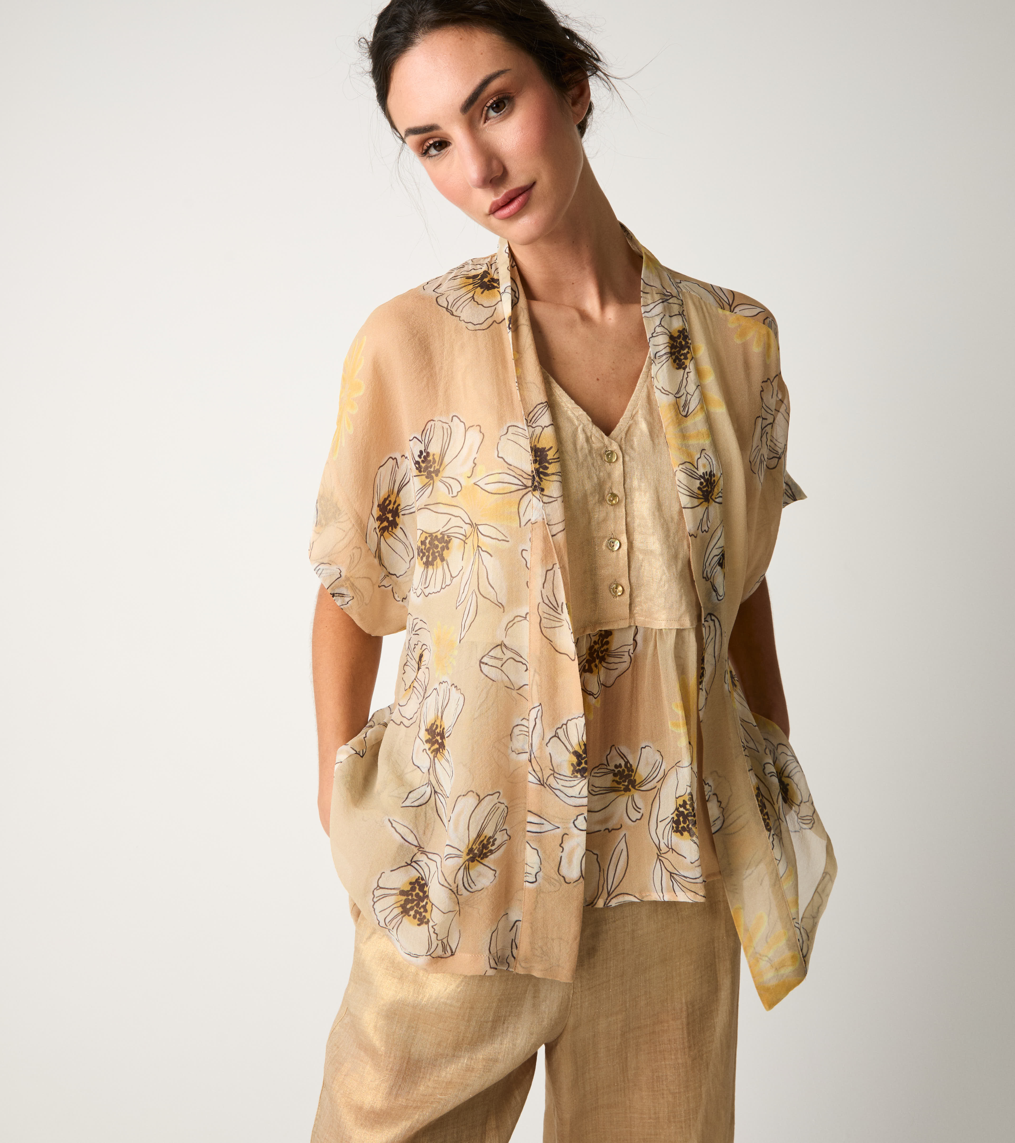 Giacca kimono con stampa floreale pesca