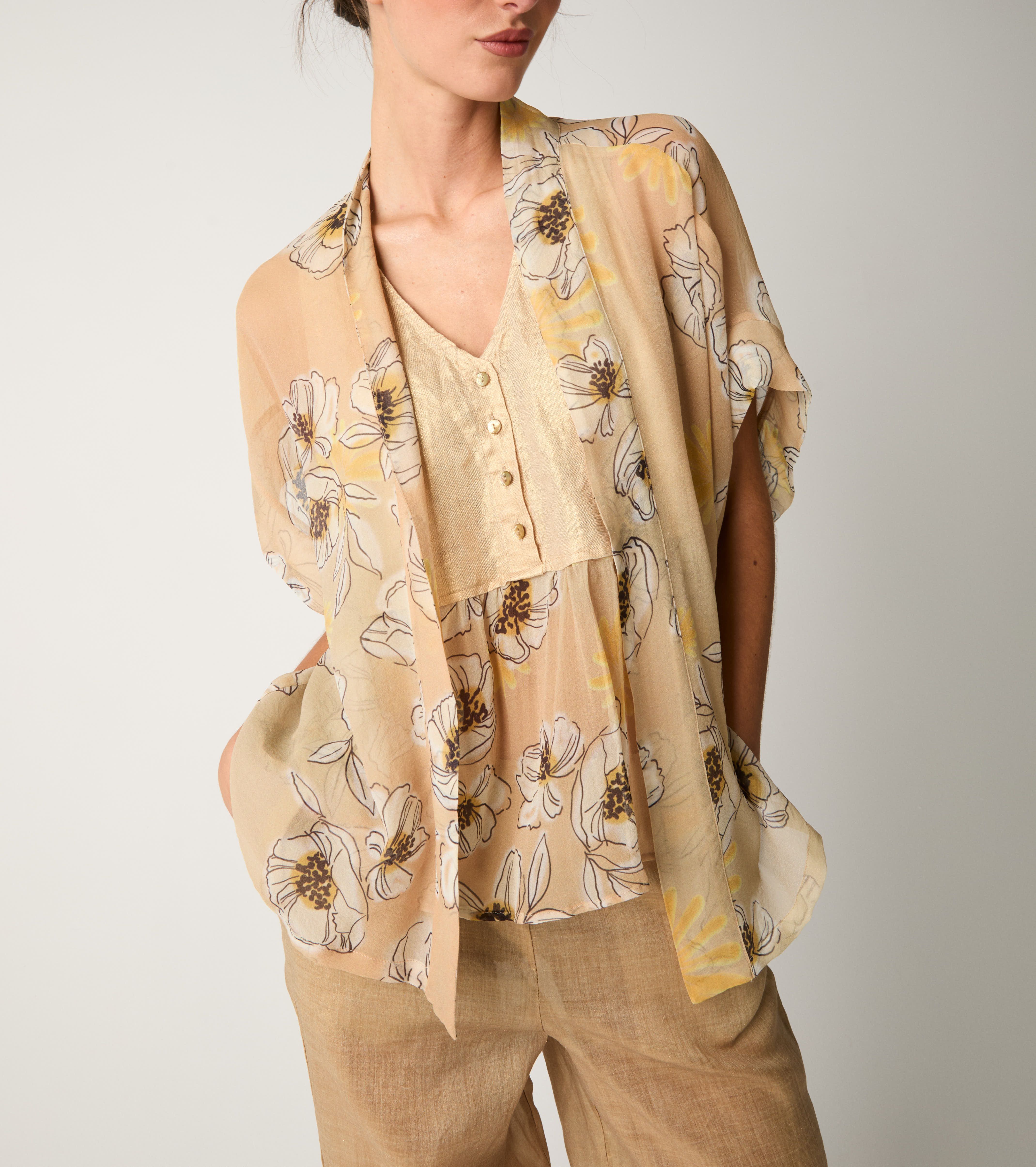 Kimono jacket with peach floral print