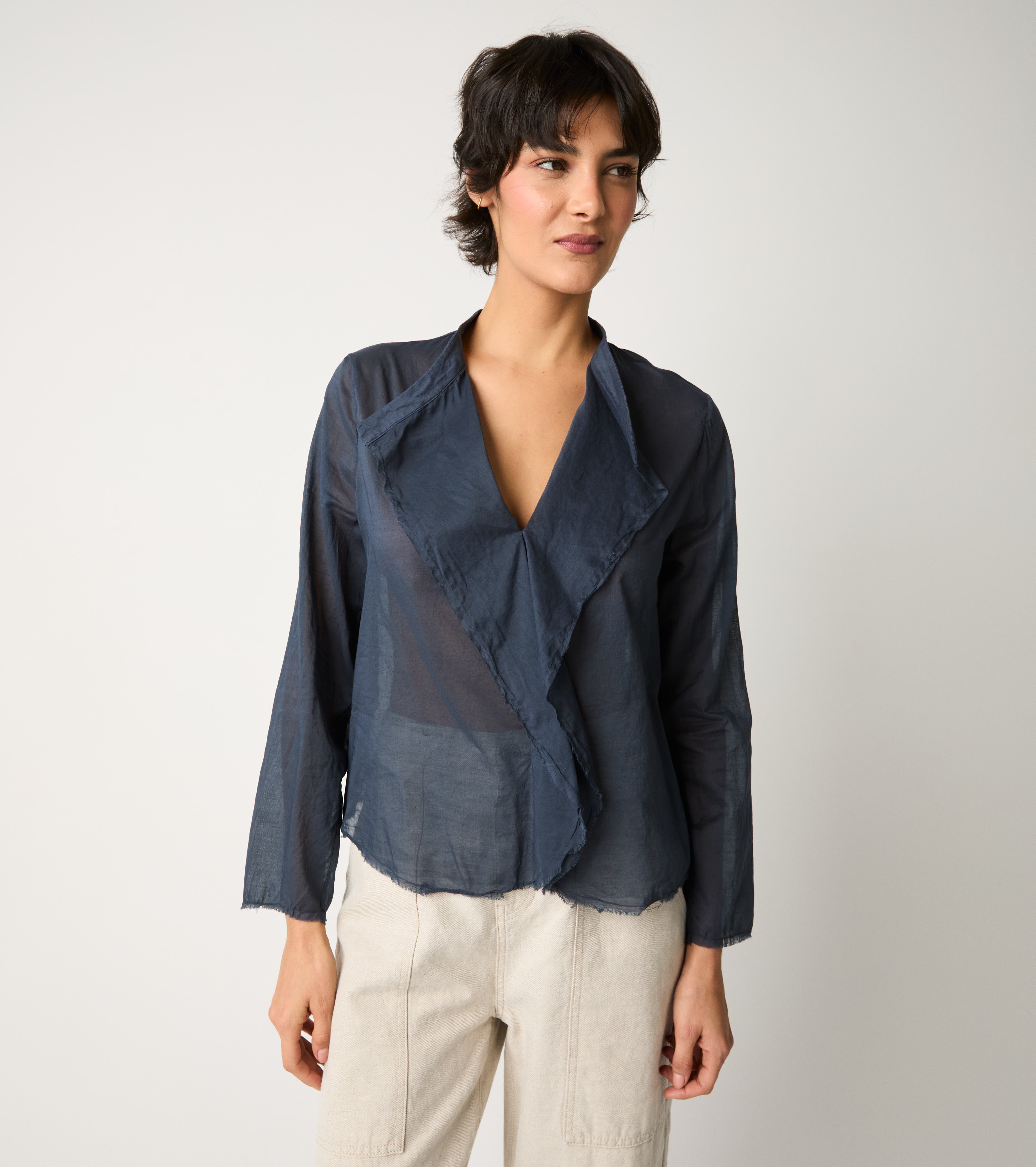 Blusa con scollo a V e maniche lunghe blu