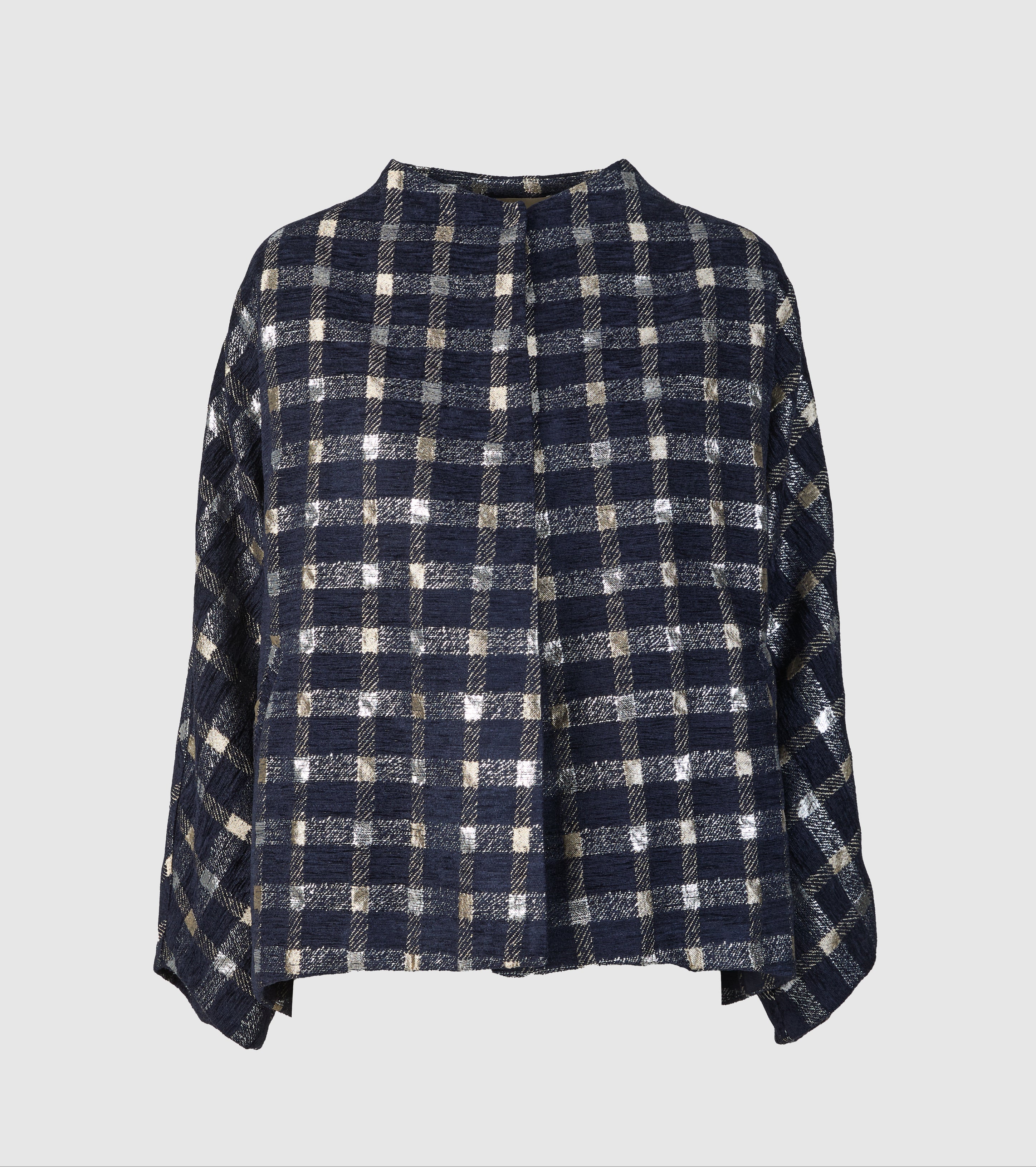Checked Jacket with Laminated Threads and Wide Sleeves