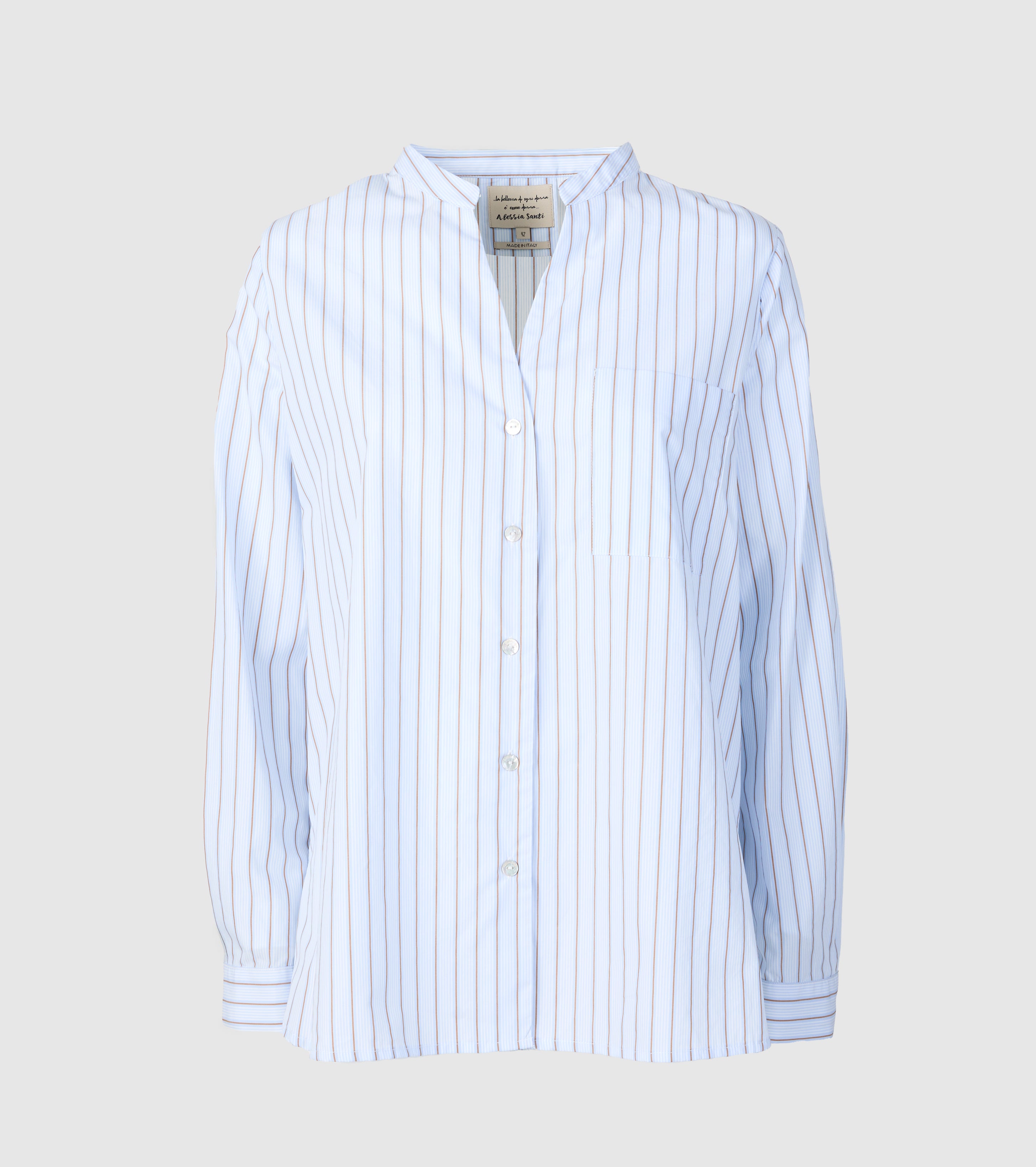 Striped Cotton Shirt with Mandarin Collar