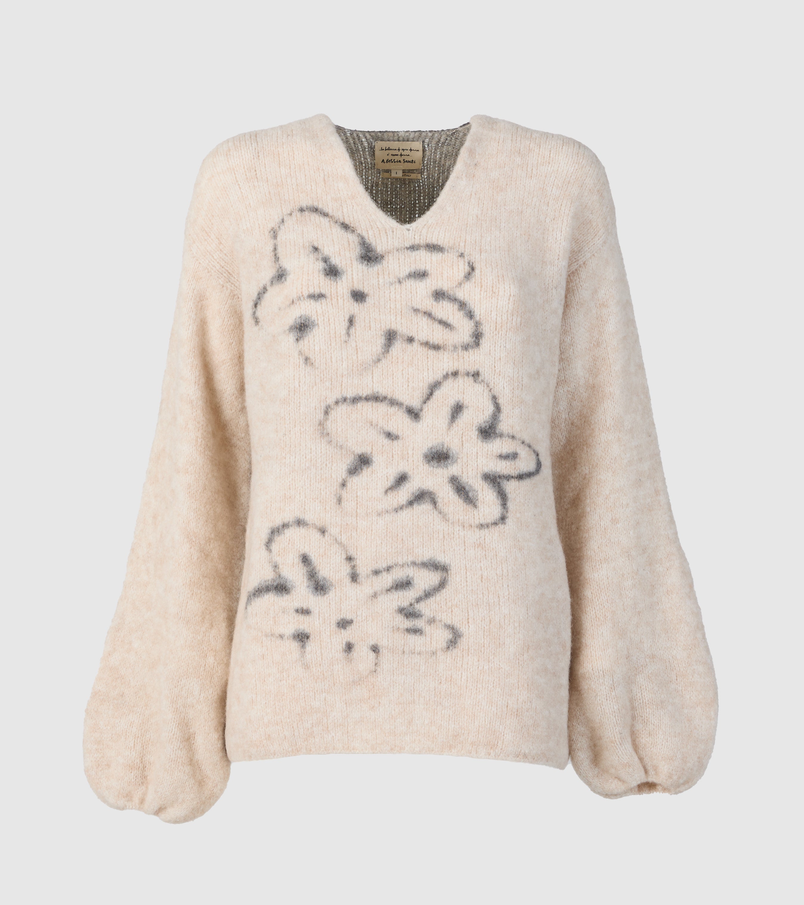 Uld- og alpacasweater med blomster