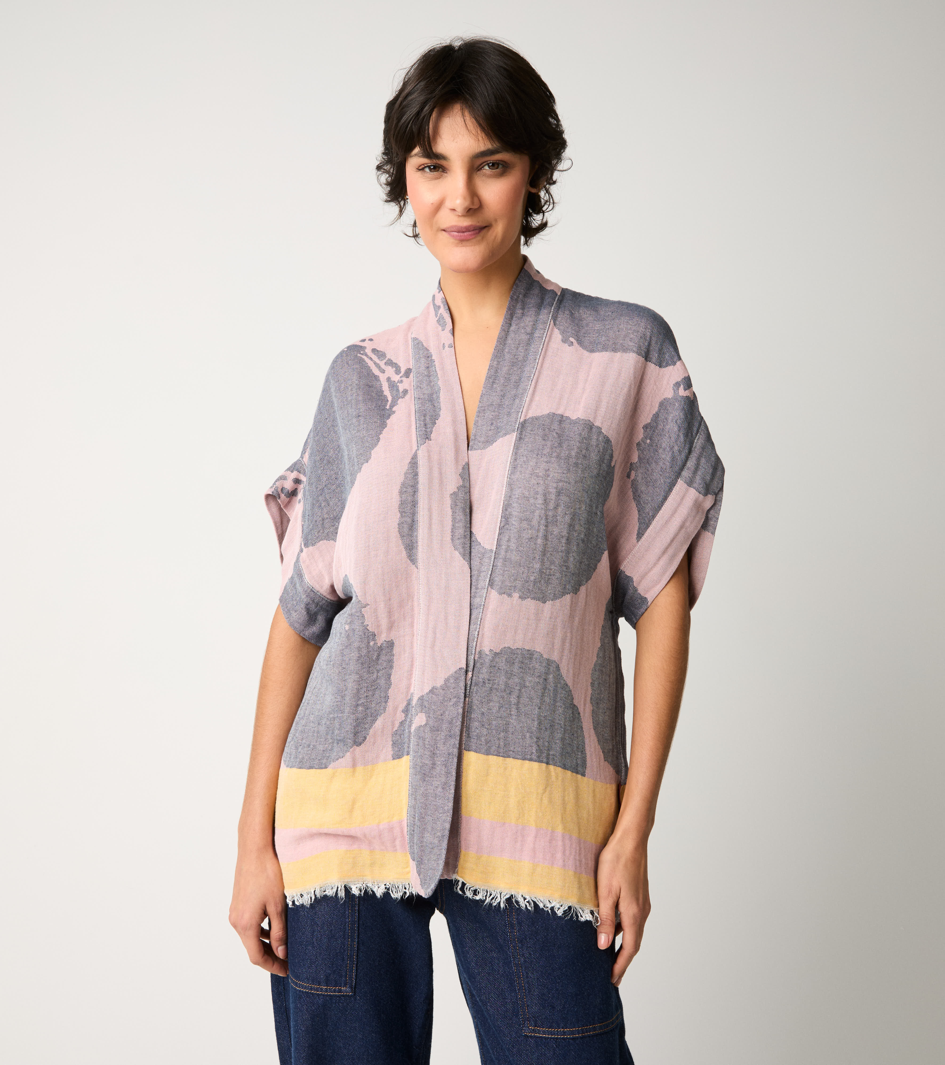 Pink cotton jacquard kimono jacket
