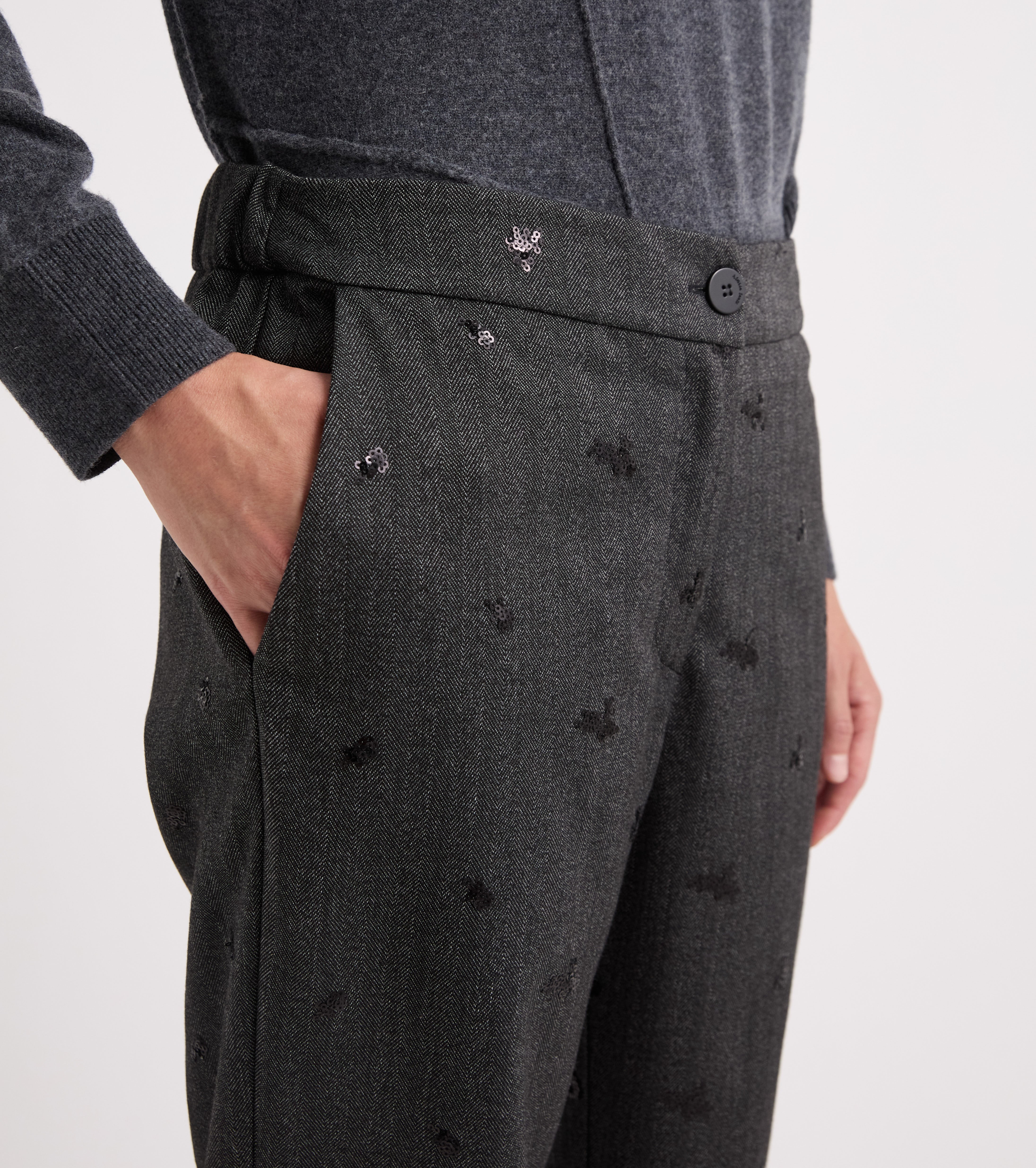 Pantaloni stretch con paillettes ricamate navy