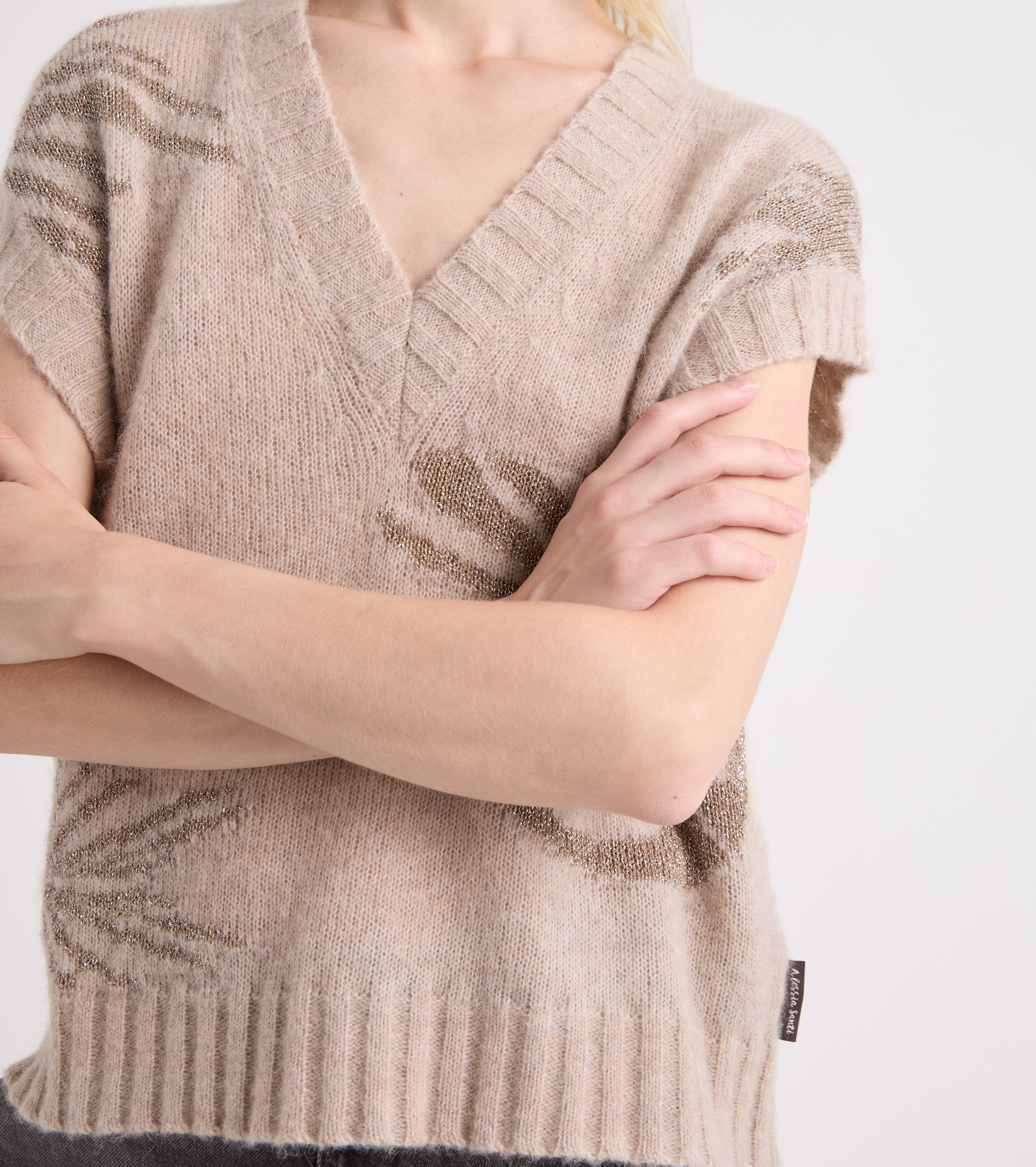 Strikket top med V-udskæring i beige lurex