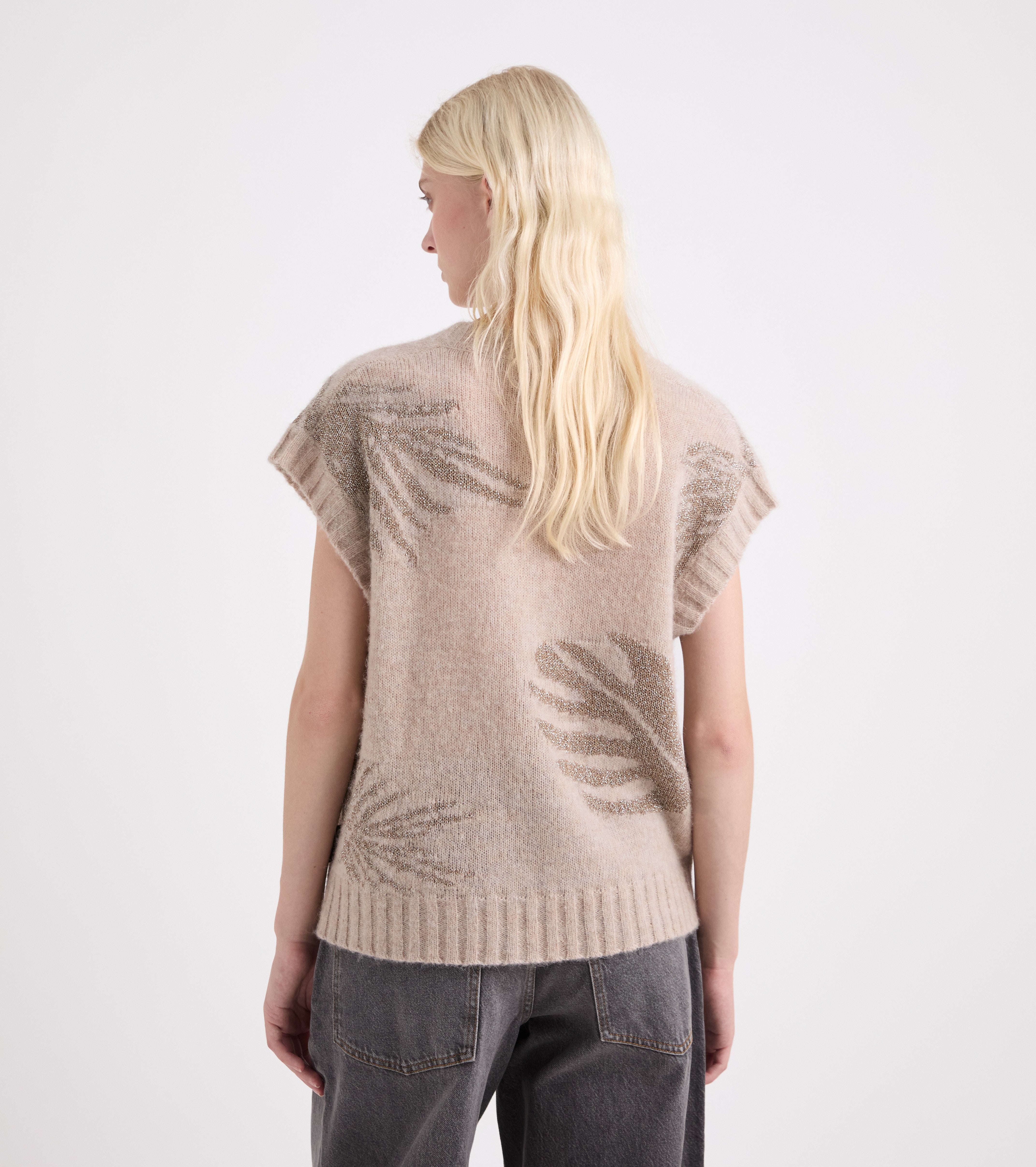 Strikket top med V-udskæring i beige lurex