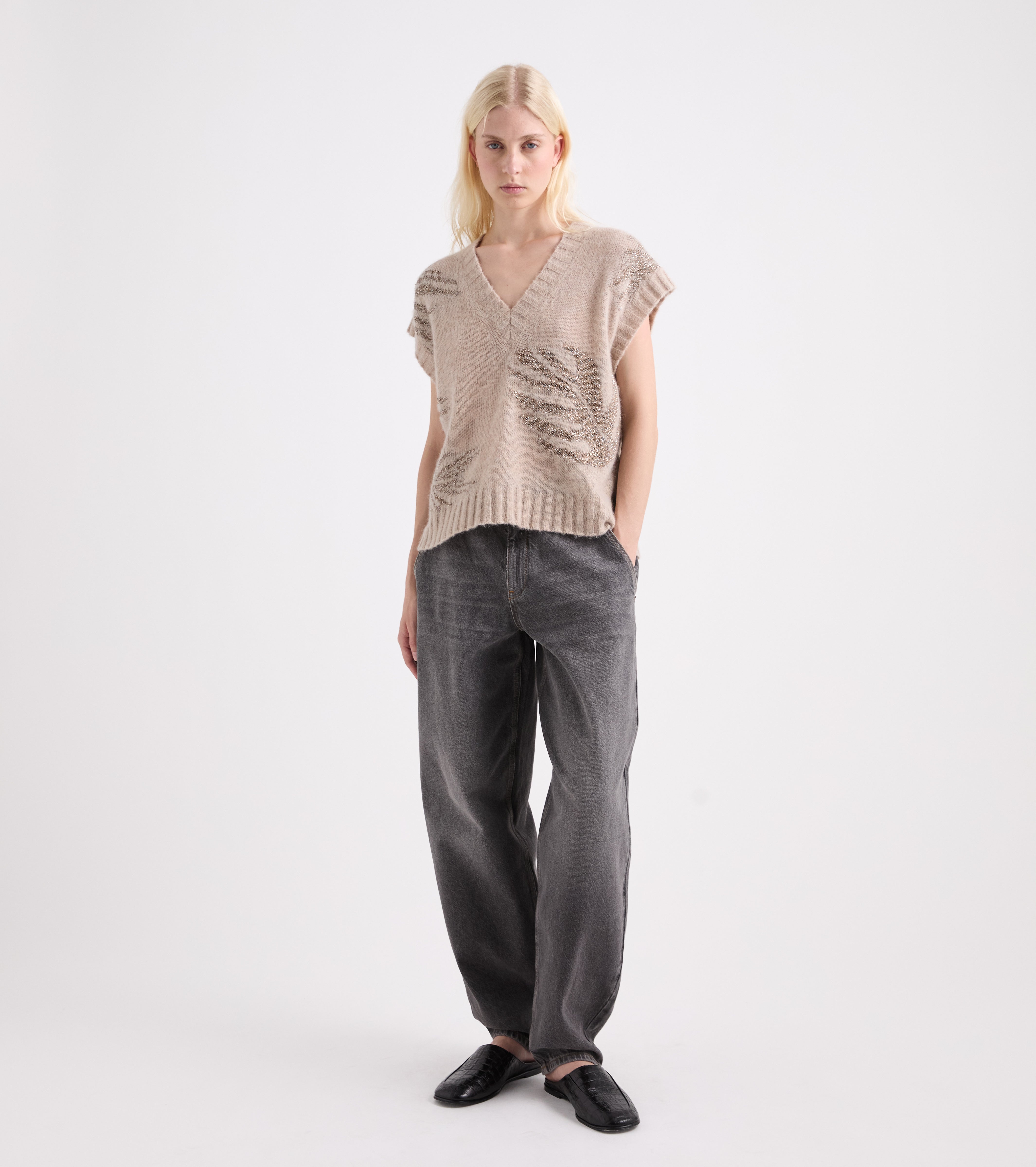 Strikket top med V-udskæring i beige lurex