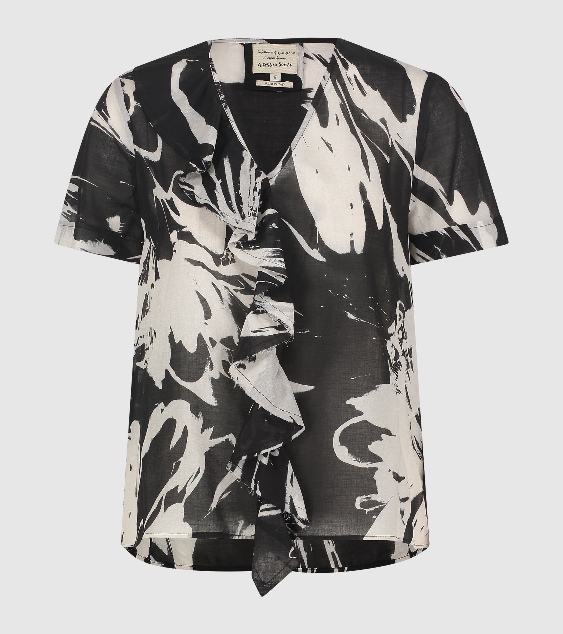 Blusa con stampa e rouches fiore